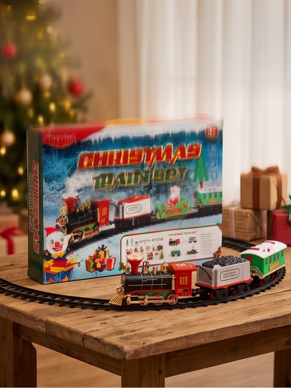 Holiday Toy Train Set for Kids - Red, Green & Black Locomotive